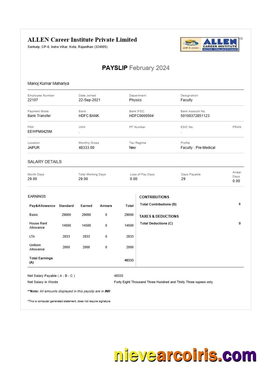 ALLEN Career Institute payslip